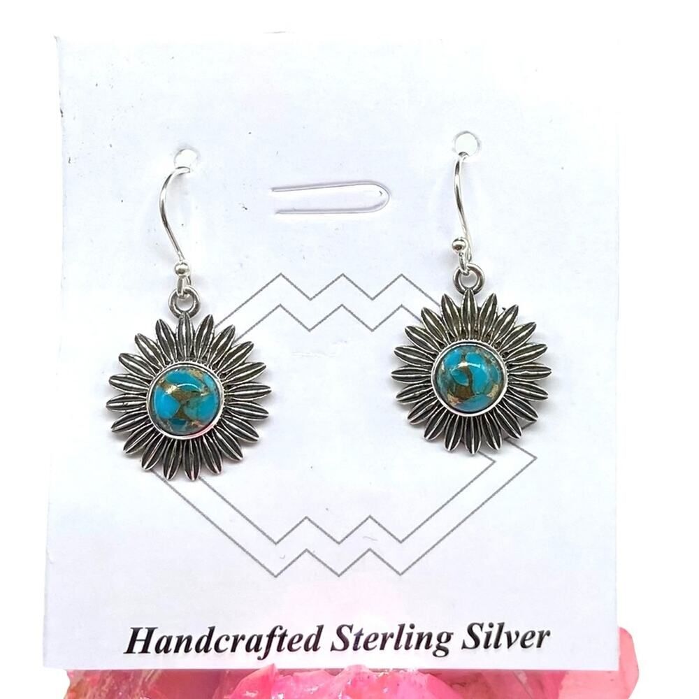 Copper Turquoise Flower Burst Earrings Solid 925 Sterling Silver Kingman Boho